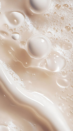 Macro shot showcasing beige serum with shiny surface, featuring water droplets and texture. This image highlights skincare product consistency and moisturizing qualities. Perfect for beauty content.の素材