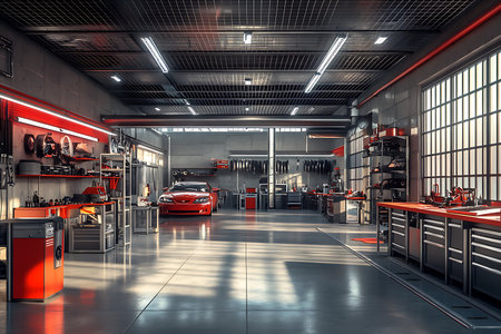 A wide shot showcases a spacious auto garage bathed in light, featuring a sleek red car centered among organized workstations and red-accented tool storage units, exuding cleanliness.の素材