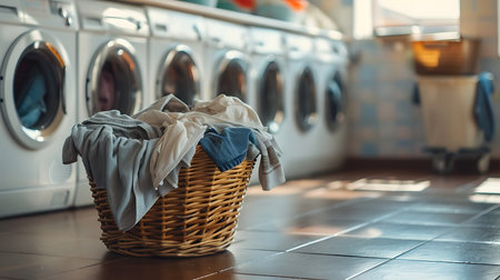 A wicker laundry basket overflows with clothing in a laundromat, with several washing machines lined up in the background, creating a scene of domestic chores.の素材