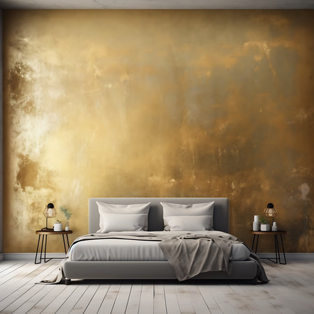 Contemporary bedroom featuring a grey bed with white linens, flanked by minimalist side tables with lamps. Unique gold textured wall art complements the white wood flooring.の素材