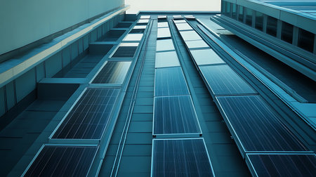 Low angle shot showcasing a building's modern architectural design with vertically mounted solar panels integrated into the facade, creating a sleek, sustainable look.の素材