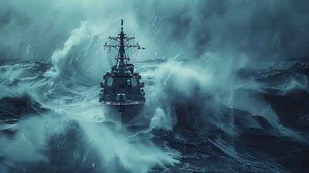 Front-facing shot of a navy destroyer vessel navigating through violently choppy, stormy seas. Large waves crash against the ship, obscuring the bow and showcasing maritime power.の素材