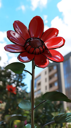 Captivating view featuring a metal red sunflower sculpture, its lustrous petals reflecting light, set against a backdrop of clear blue sky, green leaves, and a blurred building.の素材