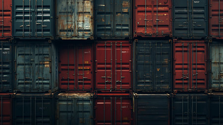 Rows of stacked shipping containers in varying shades of red, blue, and black. The textured surfaces create a rugged and industrial aesthetic, emphasizing their history.の素材