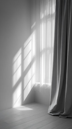 Corner of a bright, naturally lit room showcasing a window with sheer and gray curtains, hardwood floor, and stark shadows cast by sunlight. Minimalist interior design aesthetic.の素材