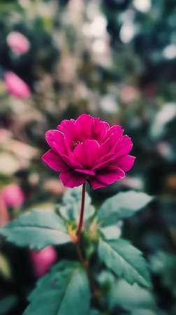 A striking close-up captures the beauty of a magenta dahlia flower with detailed petals, amidst a blurred background of lush foliage and hints of other flowers.の素材