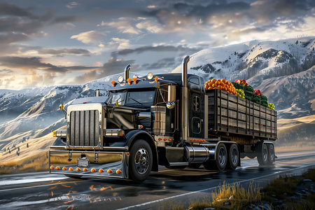 A sleek black semi-truck carries a full load of oranges, apples, and leafy greens down a highway. Snow-covered mountains rise in the background under an orange-tinged sky.の素材