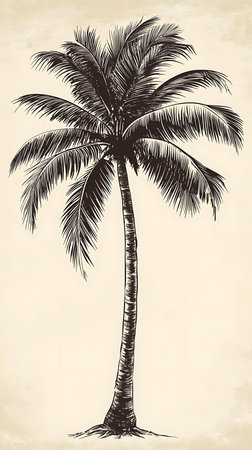 An intricate charcoal sketch depicts a solitary palm tree, its textured trunk and feathery fronds standing out against a cream-colored paper-like backdrop with subtle distressing.の素材