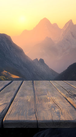 A wooden table top is displayed, featuring visible grain and texture. In the background, majestic mountains are seen under a sunset sky, creating a scenic view.の素材