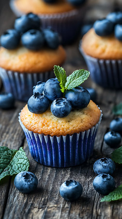 Delicious blueberry cupcakes adorned with fresh mint, presented on a rustic wooden surface. Close up photography with other cupcakes visible in the background.の素材