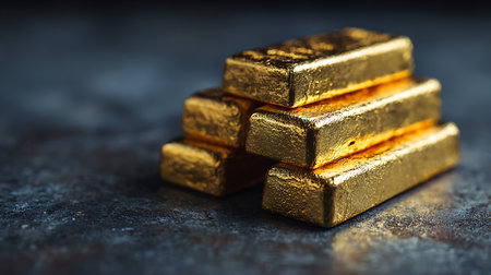 Macro shot showcasing a stack of lustrous gold bars arranged pyramid-style upon a dark textured surface. The bars gleam with detailed granular texture.の素材