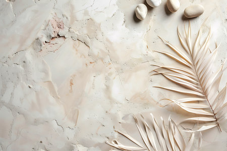 High-angle shot featuring a textured beige marble surface, decorated with dried palm fronds and a scattering of smooth, rounded white stones. Neutral, organic, and minimalist.の素材