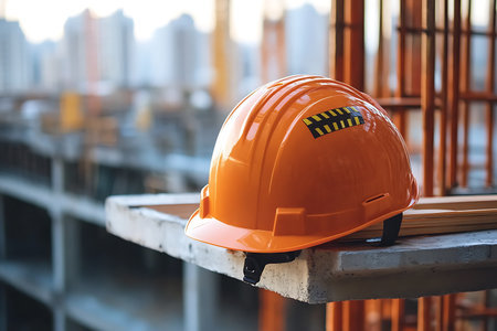 Close-up of an orange hard hat resting on a concrete surface at a construction site. Distant buildings blurred in background. Safety first in the construction industry.の素材