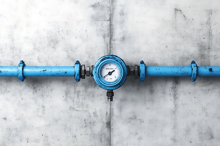 Detailed shot capturing a blue industrial pipe with a pressure gauge mounted on a concrete wall. Plumbing, industrial systems, and technical details showcased.の素材