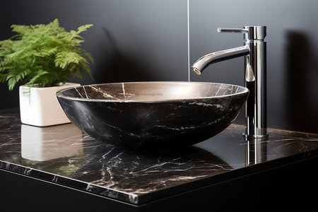 Close up of black bathroom sink standing on woodenの素材