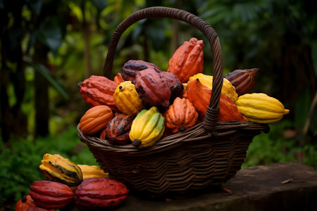 Fresh Cacaos in a basket. Ripe Cacao fruitの素材