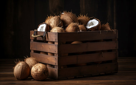 Fresh Coconuts in wooden crateの素材