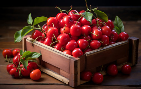 Cherries in a wooden box on a rustic wooden tableの素材