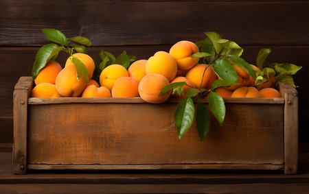 Fresh Apricots in wooden crateの素材