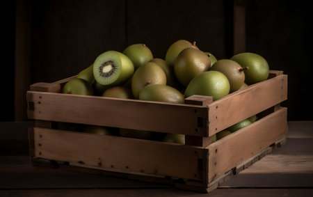 Fresh Kiwis in wooden crateの素材