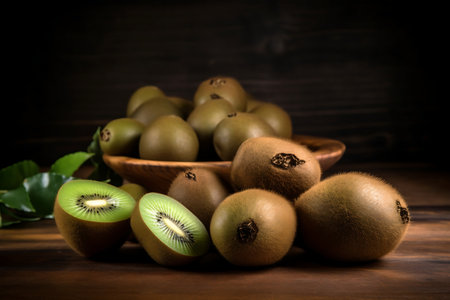 Fresh Kiwi fruits. Ripe Kiwis on wooden backgroundの素材