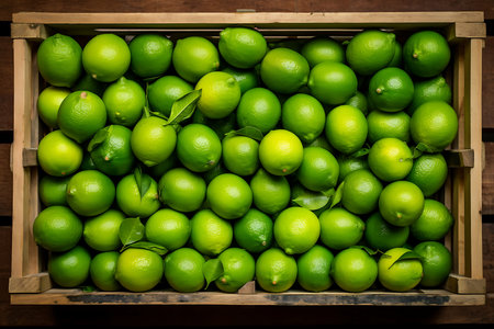 Fresh ripe Limes in wooden crateの素材