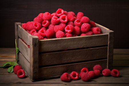 Fresh ripe Raspberrys in wooden crateの素材