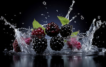 Water splashing on Blackberry. Fresh Blackberryの素材