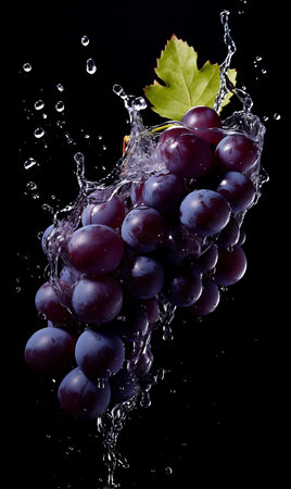 Water splashing on Black grapes. Fresh Black grapesの素材