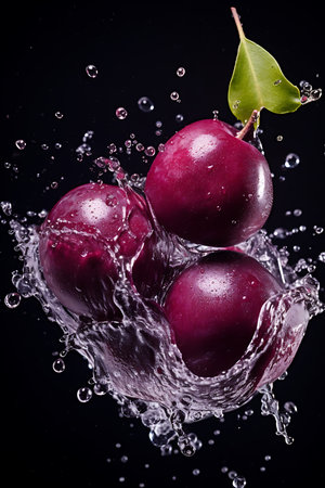 Water splashing on Damson Plum. Fresh Damson Plumの素材