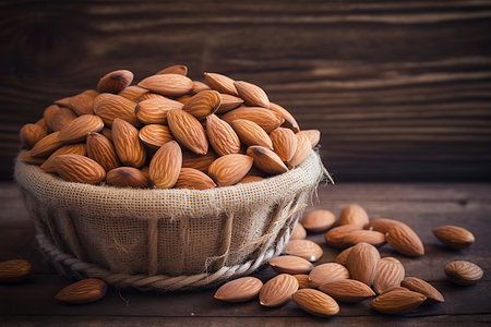 Almond nuts in a bag on a wooden background. Selective focus.の素材