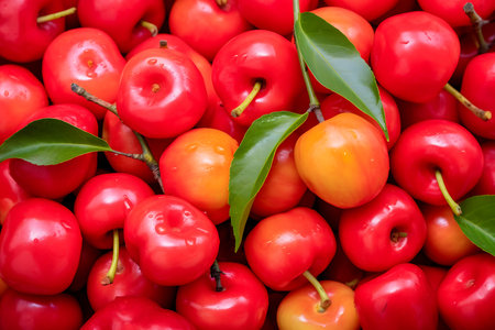 Fresh ripe Acerolas as backgroundの素材