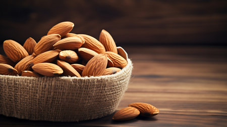 Almond nuts in wooden bowl on wooden background. Selective focus.の素材