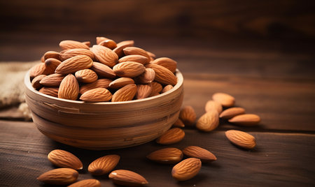 Almond nuts in wooden bowl on wooden background. Selective focus.の素材