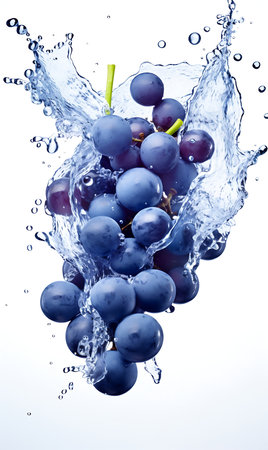 Blue grapes with water splashing on white backgroundの素材
