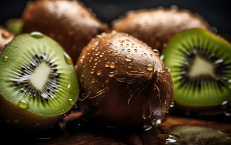Kiwi with water drops on black backgroundの素材