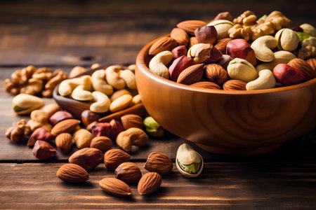 Mix of nuts in bowl on wooden backgroundの素材
