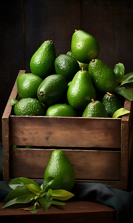 Fresh Avocados in wooden crateの素材