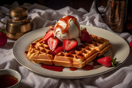 Belgian waffles with strawberries and whipped creamの素材