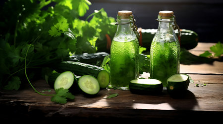 Bottles of juice with cucumber and parsley on grey backroundの素材