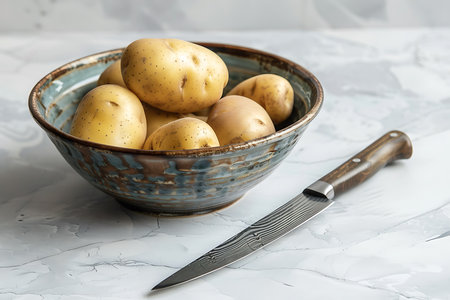 Bowl with fresh ripe potatoes and knife on light backgroundの素材