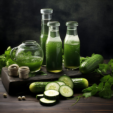 Bottles of juice with cucumber and parsley on grey backroundの素材