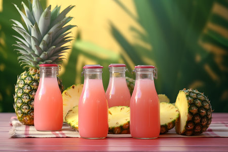 Bottles of pineapple juice on a pink wooden tableの素材