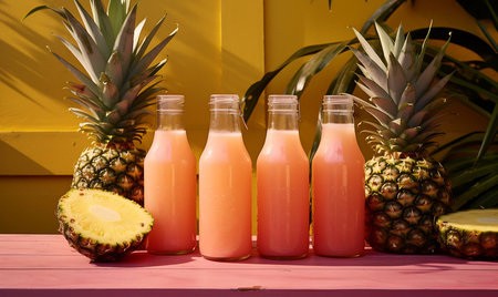 Bottles of pineapple juice on a pink wooden tableの素材