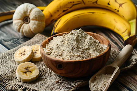 Bowl with flour and bananas on wooden tableの素材