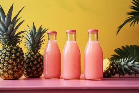 Bottles of pineapple juice on a pink wooden tableの素材