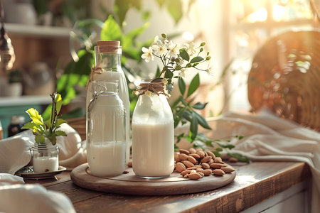 Bottles of milk and almond on table in room, closeupの素材