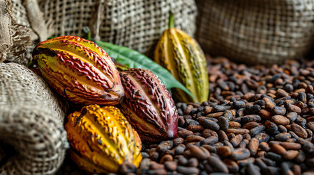 Cacao beans with cacao fruit pods on wooden backgroundの素材