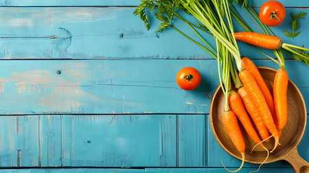 Bunch of fresh organic carrots on blue wooden backgroundの素材