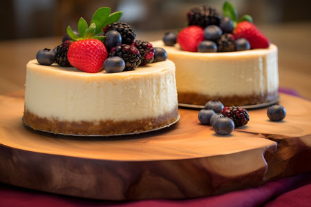 Cheesecake with fresh berries on a wooden boardの素材